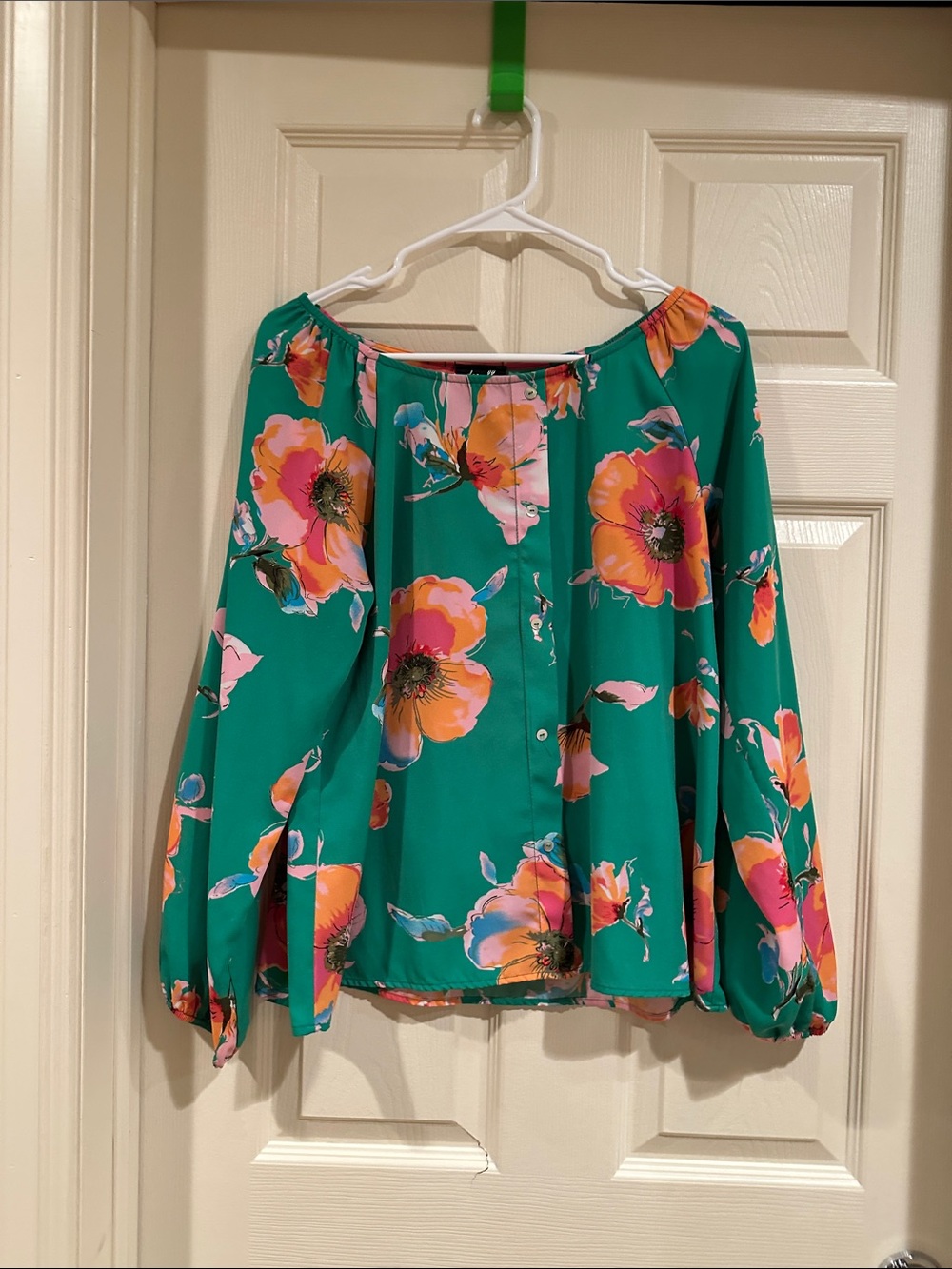dee elle Green Floral Off-Shoulder Blouse with Pink and Orange Blooms